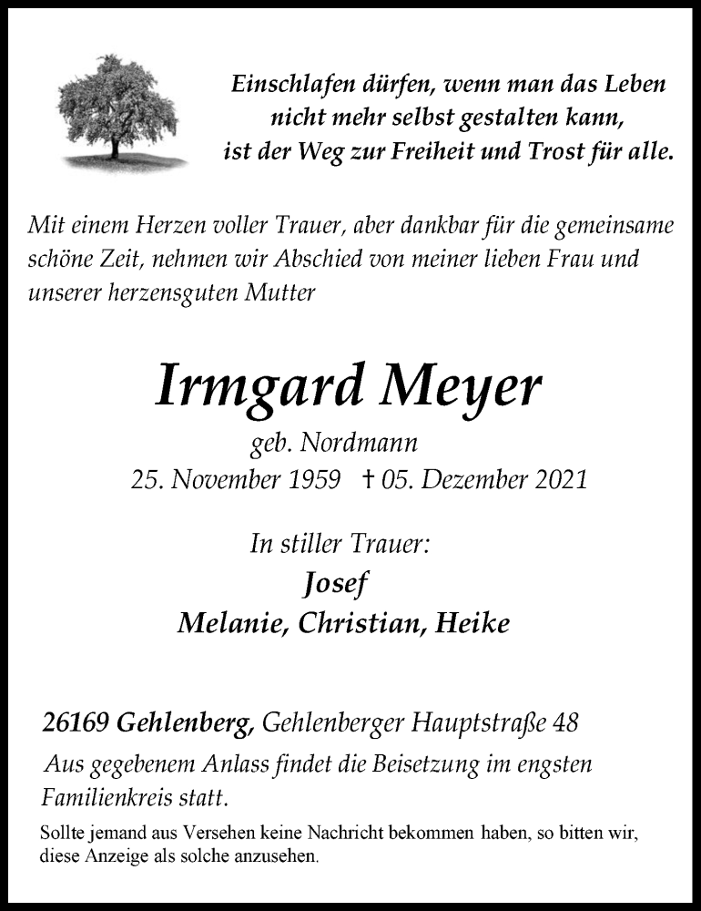  Traueranzeige für Irmgard Meyer vom 08.12.2021 aus Nordwest-Zeitung