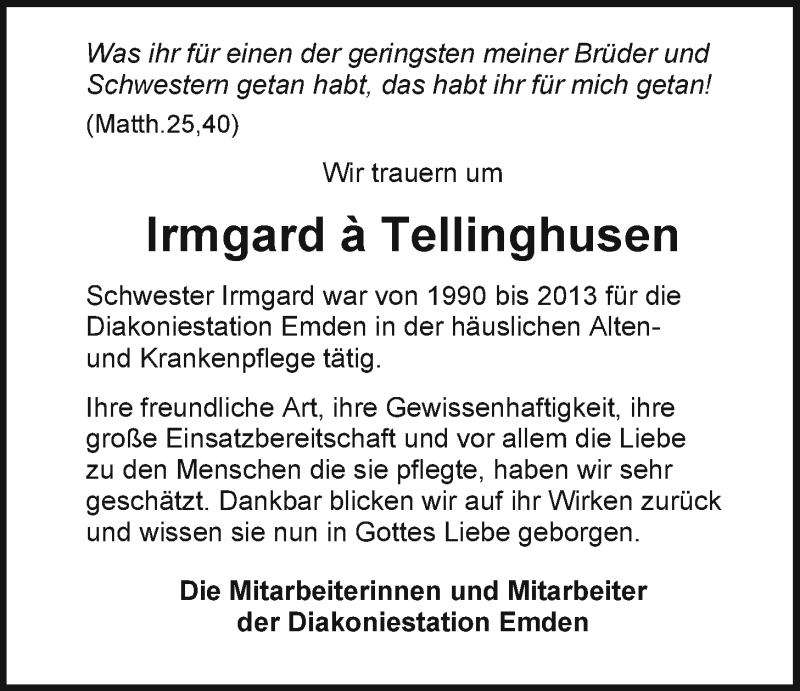  Traueranzeige für Irmgard à Tellinghusen vom 04.12.2021 aus Emder Zeitung