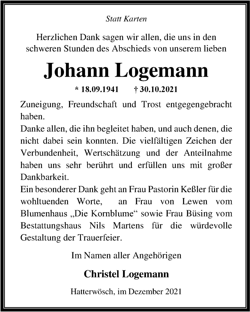  Traueranzeige für Johann Logemann vom 16.12.2021 aus Nordwest-Zeitung
