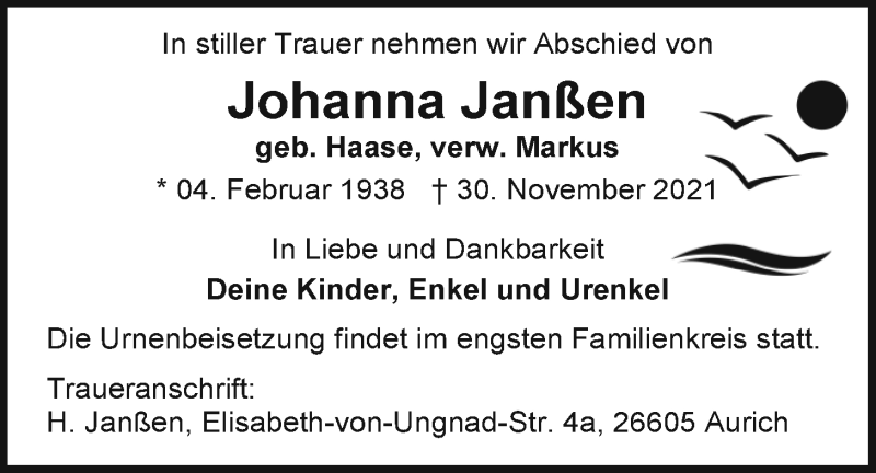  Traueranzeige für Johanna Janßen vom 04.12.2021 aus Emder Zeitung