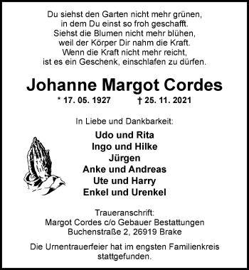Traueranzeige von Johanne Margot Cordes von Nordwest-Zeitung