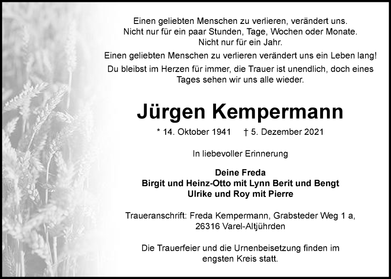  Traueranzeige für Jürgen Kempermann vom 11.12.2021 aus Nordwest-Zeitung