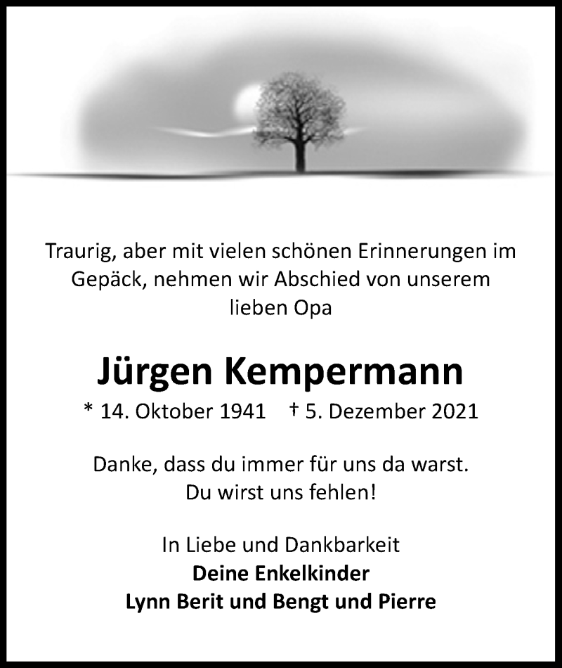  Traueranzeige für Jürgen Kempermann vom 11.12.2021 aus Nordwest-Zeitung