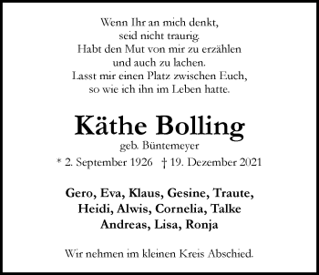 Traueranzeige von Käthe Bolling von Nordwest-Zeitung