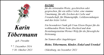 Traueranzeige von Karin Töbermann von Nordwest-Zeitung