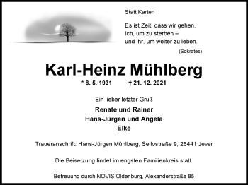 Traueranzeige von Karl-Heinz Mühlberg von Nordwest-Zeitung