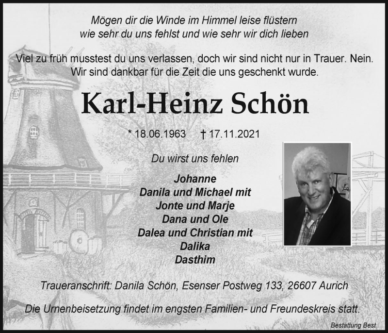  Traueranzeige für Karl-Heinz Schön vom 04.12.2021 aus Emder Zeitung