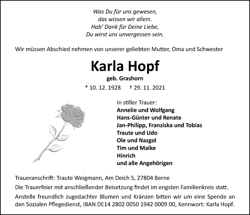  Traueranzeige für Karla Hopf vom 04.12.2021 aus Nordwest-Zeitung