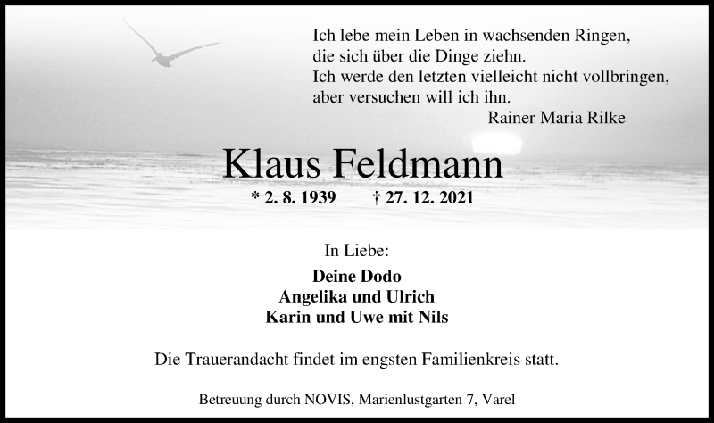  Traueranzeige für Klaus Feldmann vom 31.12.2021 aus Nordwest-Zeitung