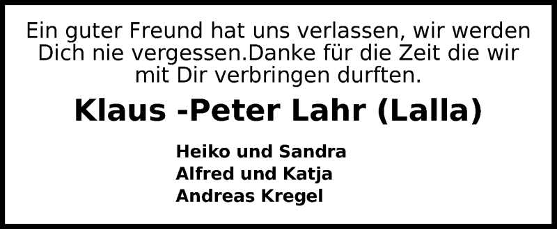  Traueranzeige für Klaus-Peter Lahr vom 09.12.2021 aus Nordwest-Zeitung