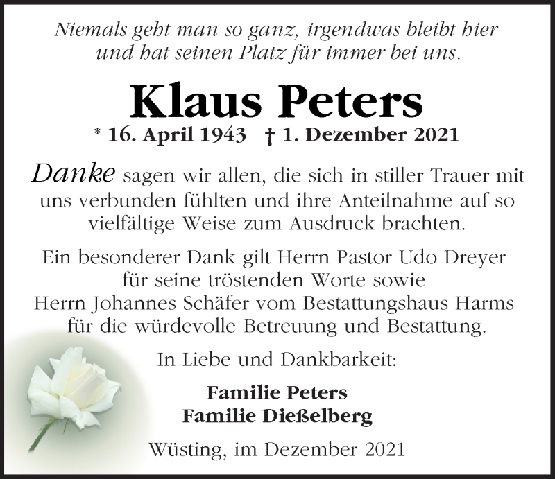  Traueranzeige für Klaus Peters vom 31.12.2021 aus Nordwest-Zeitung