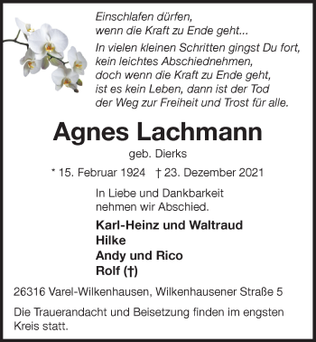Traueranzeige von Lachmann Agnes von Nordwest-Zeitung
