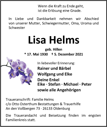 Traueranzeige von Lisa Helms von Nordwest-Zeitung