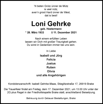 Traueranzeige von Loni Gehrke von Nordwest-Zeitung