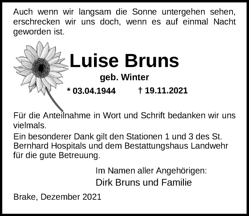  Traueranzeige für Luise Bruns vom 18.12.2021 aus Nordwest-Zeitung