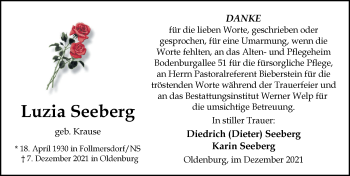 Traueranzeige von Luzia Seeberg von Nordwest-Zeitung