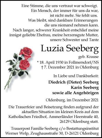 Traueranzeige von Luzia Seeberg von Nordwest-Zeitung