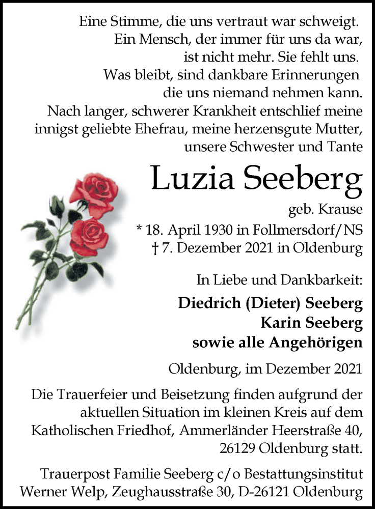  Traueranzeige für Luzia Seeberg vom 11.12.2021 aus Nordwest-Zeitung