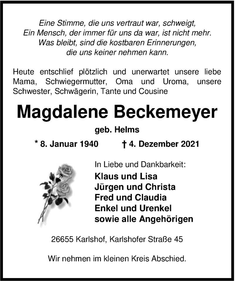  Traueranzeige für Magdalene Beckemeyer vom 07.12.2021 aus Nordwest-Zeitung