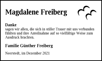 Traueranzeige von Magdalene Freiberg von Nordwest-Zeitung