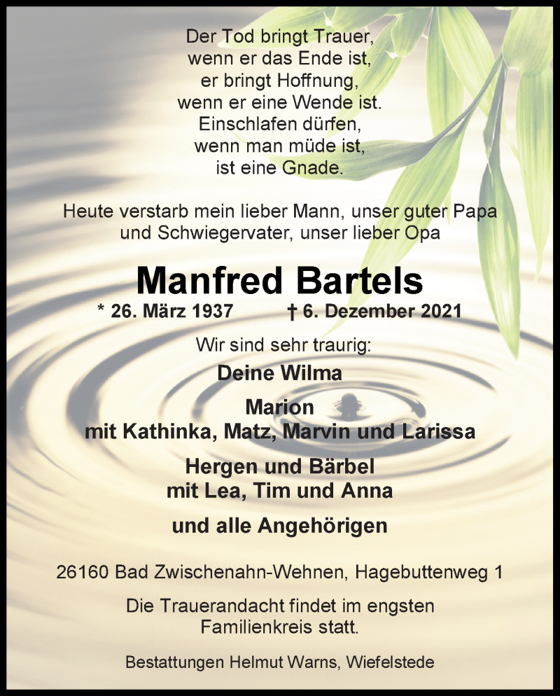  Traueranzeige für Manfred Bartels vom 16.12.2021 aus Nordwest-Zeitung