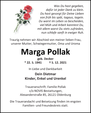 Traueranzeige von Marga Pollack von Nordwest-Zeitung
