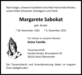 Traueranzeige von Margarete Sabokat von Nordwest-Zeitung