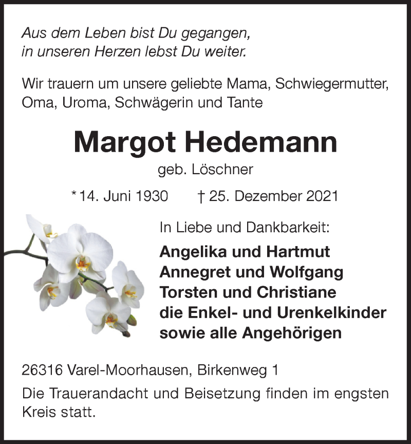  Traueranzeige für Margot Hedemann vom 28.12.2021 aus Nordwest-Zeitung
