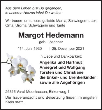 Traueranzeige von Margot Hedemann von Nordwest-Zeitung