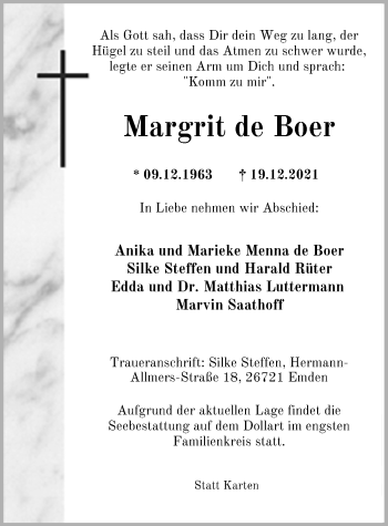 Traueranzeige von Margrit de Boer von Emder Zeitung