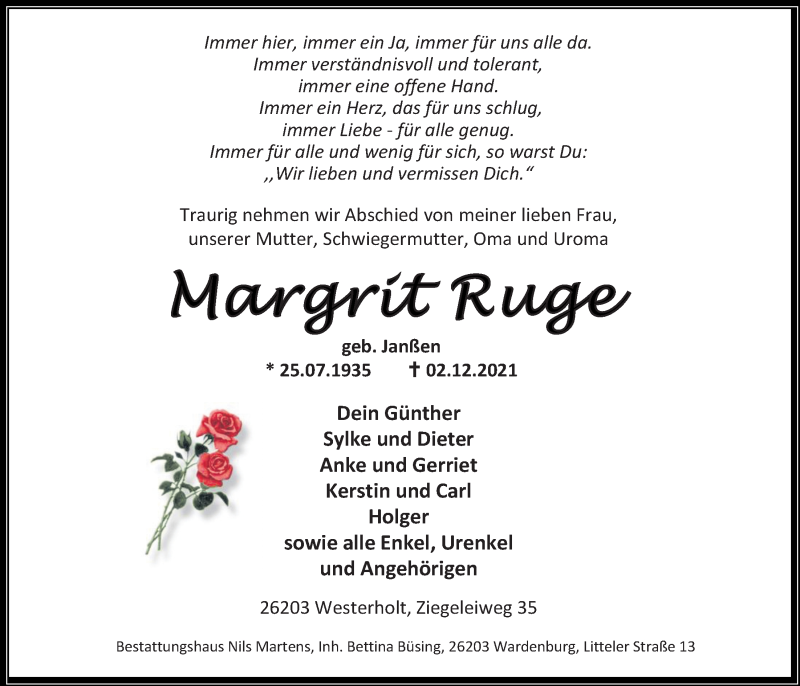  Traueranzeige für Margrit Ruge vom 07.12.2021 aus Nordwest-Zeitung