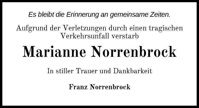  Traueranzeige für Marianne Norrenbrock vom 04.12.2021 aus Nordwest-Zeitung