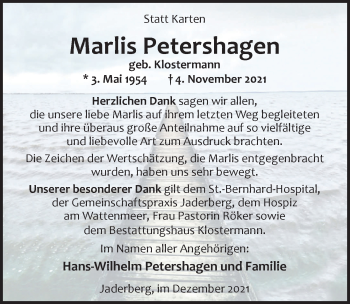 Traueranzeige von Marlis Petershagen von Nordwest-Zeitung