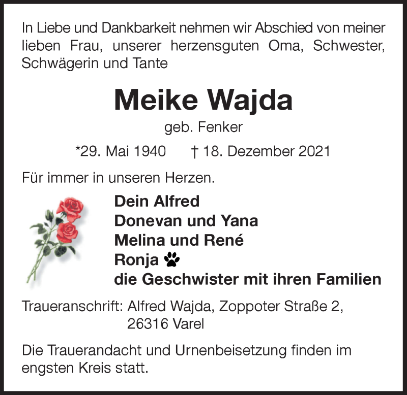  Traueranzeige für Meike Wajda vom 21.12.2021 aus Nordwest-Zeitung