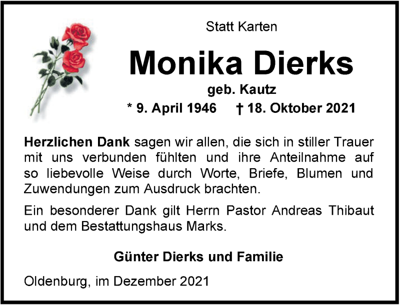  Traueranzeige für Monika Dierks vom 18.12.2021 aus Nordwest-Zeitung