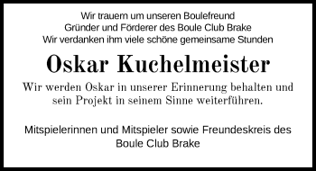 Traueranzeige von Oskar Kuchelmeister von Nordwest-Zeitung