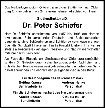 Traueranzeige von Peter Schiefer von Nordwest-Zeitung