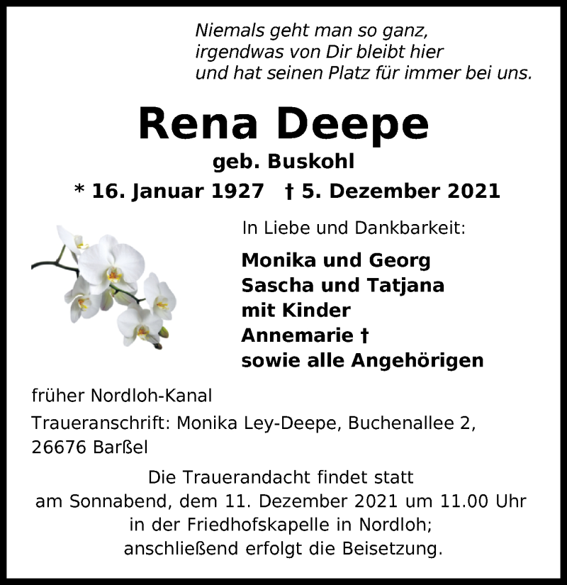  Traueranzeige für Rena Deepe vom 07.12.2021 aus Nordwest-Zeitung