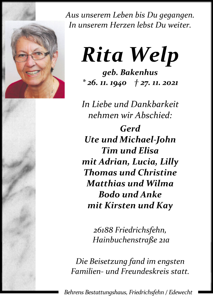  Traueranzeige für Rita Welp vom 03.12.2021 aus Nordwest-Zeitung