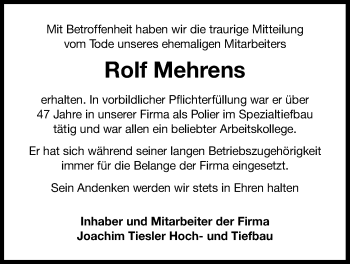 Traueranzeige von Rolf Mehrens von Nordwest-Zeitung