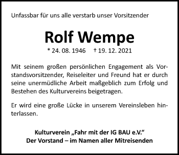 Traueranzeige von Rolf Wempe von Nordwest-Zeitung