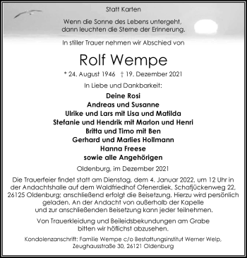 Traueranzeige von Rolf Wempe von Nordwest-Zeitung