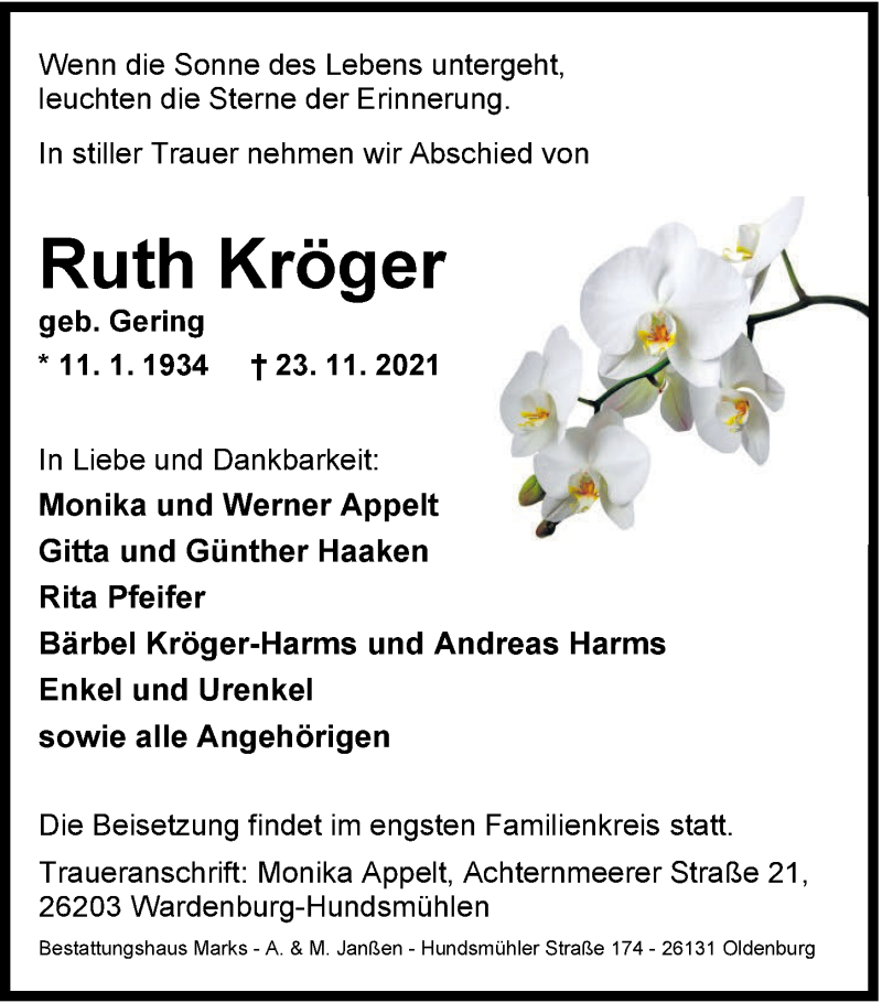  Traueranzeige für Ruth Kröger vom 03.12.2021 aus Nordwest-Zeitung