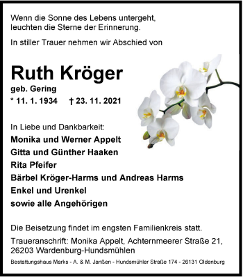 Traueranzeige von Ruth Kröger von Nordwest-Zeitung