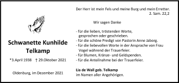 Traueranzeige von Schwanette Kunhilde Telkamp von Nordwest-Zeitung