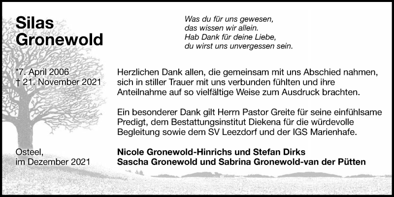  Traueranzeige für Silas Gronewold vom 18.12.2021 aus Emder Zeitung