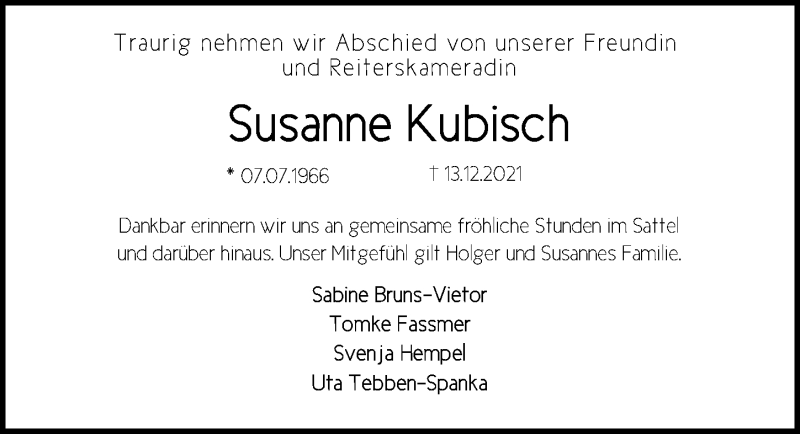  Traueranzeige für Susanne Kubisch vom 21.12.2021 aus Nordwest-Zeitung