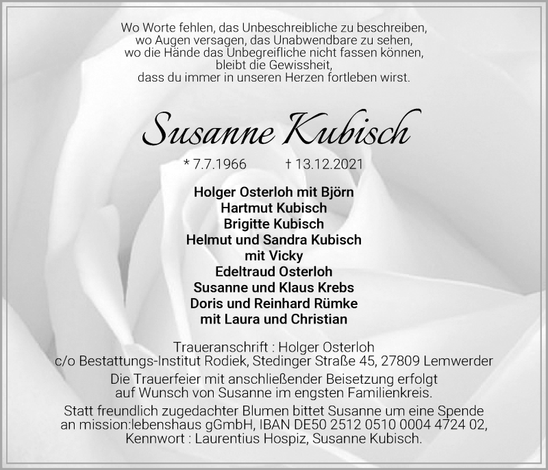  Traueranzeige für Susanne Kubisch vom 18.12.2021 aus Nordwest-Zeitung