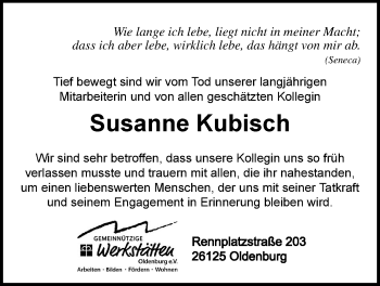 Traueranzeige von Susanne Kubisch von Nordwest-Zeitung