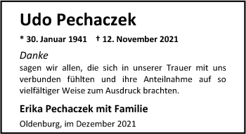 Traueranzeige von Udo Pechaczek von Nordwest-Zeitung